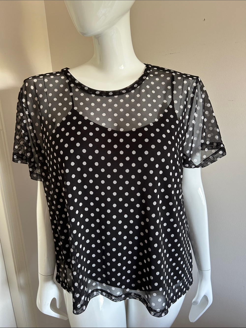 Kim & Cami Black Sheer Polka Dot Overlay Tee, size 3x
